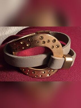 SWEET DELUXE "SELINA" Crystal Stud Matte-Bronze Taupe Leather Wrap Bracelet